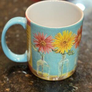 Inspirational Daisy Floral Mug with Quote Blue Pink Yellow